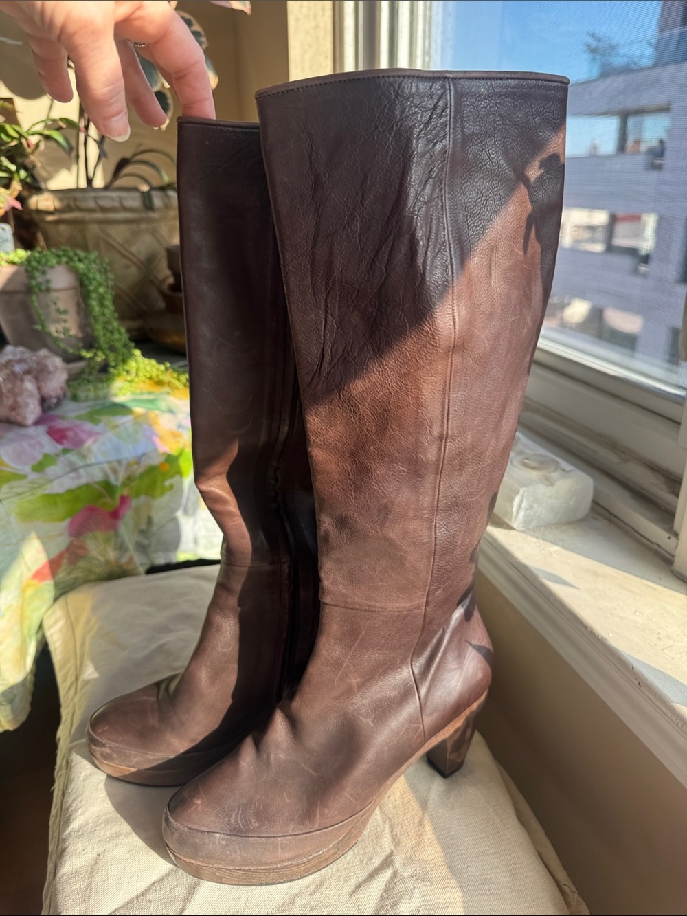 COCLICO Brown Leather Knee Boots with Block Heel